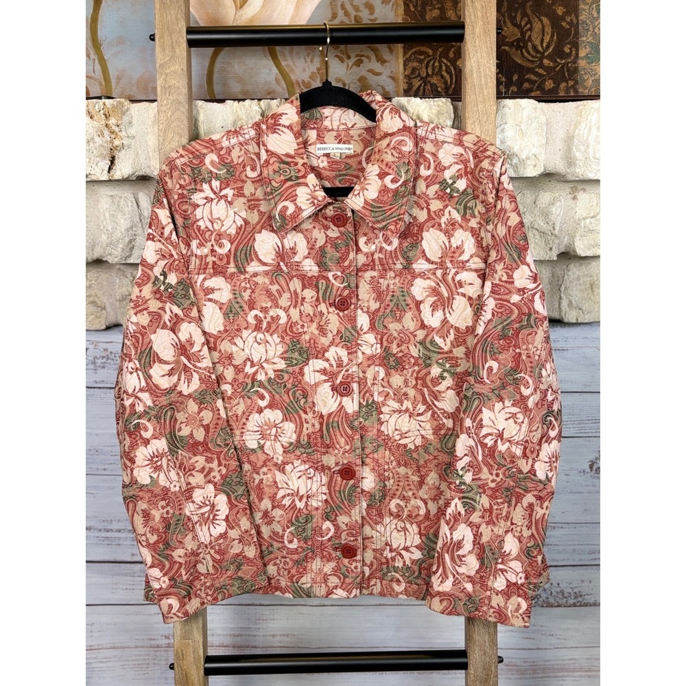Rebecca Malone Floral Textured Jacket Terracotta Paisley Button Front Size L